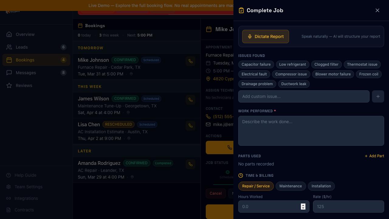 AI Field Report — Dictate Report button, issue chips, work performed