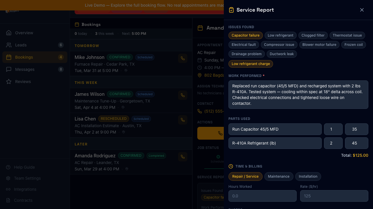 Completed service report with issues, parts, costs, and follow-up